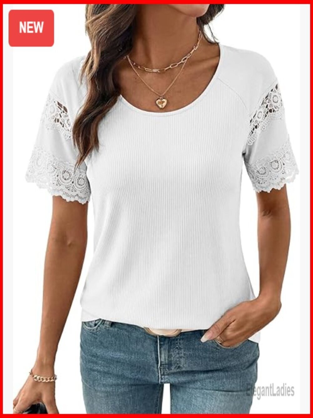 Ribbed Knit Short Sleeve Crewneck Top with Lace Embroidery